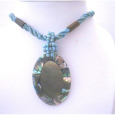 N631 Turquoise Beaded Multi Strands Necklace w/ Abalone Shell Pendant Cream Color