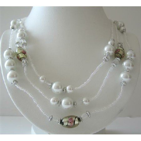 N570 White Beaded 3 Stranded Necklace White Pearls Millefiori Painted Beads Long Necklace
