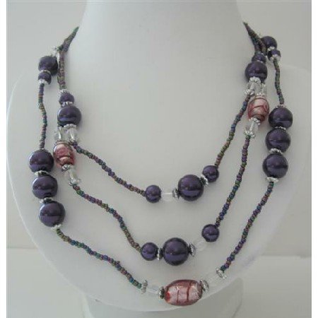 N568 Three Stranded Beaded Necklace Simulated Purple Pearls Millefiori Painted Beads