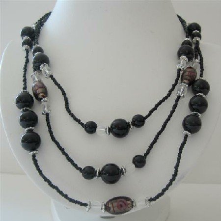 N571 Black Pearls Three Stranded Beaded Necklace Simulated Pearls Millefiori Painted Beads
