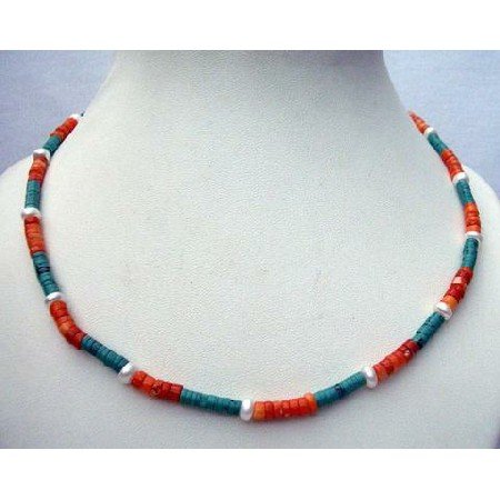 N410 Genuine Turquoise Red Coral Ring Bead Necklace Handmade Custom Jewelry