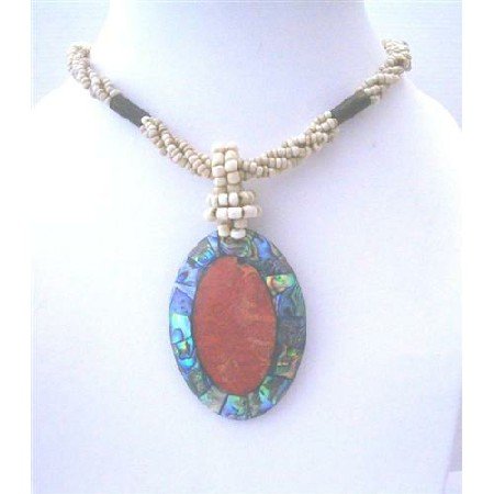 N472 Shell Pendant Necklace w/ Abalone Oval Pendant Necklace