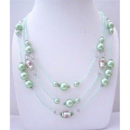 N636 Light Green Multi Beaded 3 Strands Necklace pink Pearls Millefiori Painted Beads