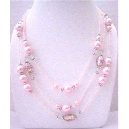 N643 Multi Pink Beaded 3 Strands Necklace pink Pearls Millefiori Painted Beads Long Necklace