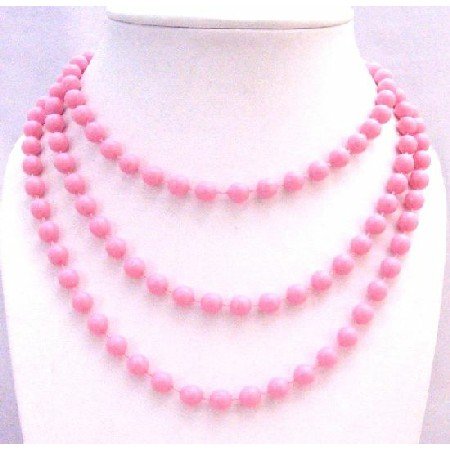 U185 Pink Color Bead Long Necklace 54 Inches Long Necklace