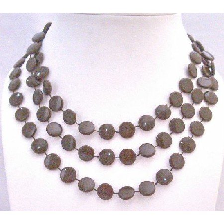 UNE115 Flat Brown Darkest Brown Long Necklace Unique New Flat Bead Necklace 54 Inches Long