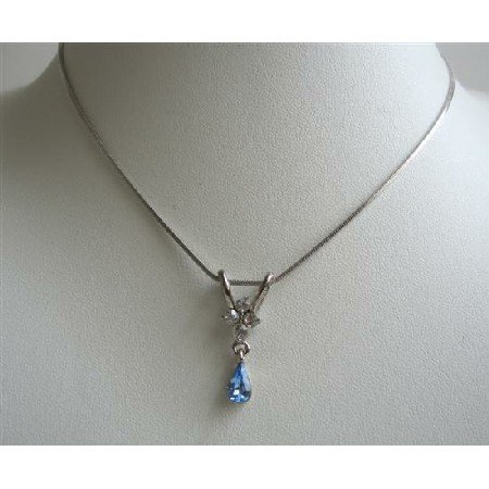 UNE223 Cute Pendant Necklace w/ Blue Cubic Zircon Teardrop Dangling Pendant Necklace