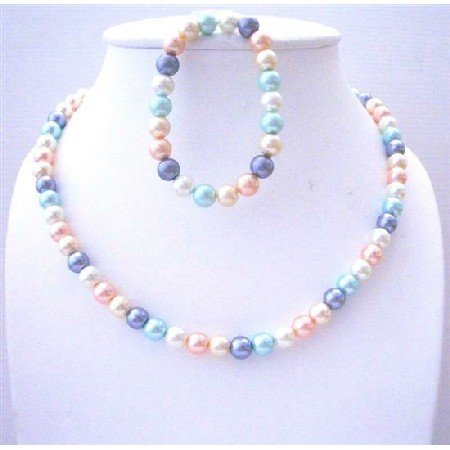 UNS029 Multi Colored Simulated Pearls Necklace & Stretchable Bracelet