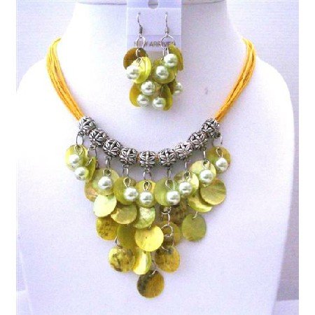 UNS027Lime Mop Shell NEcklace Set w/ Synthetic Pearls Bead Multi Strands Threaded Necklace Sets