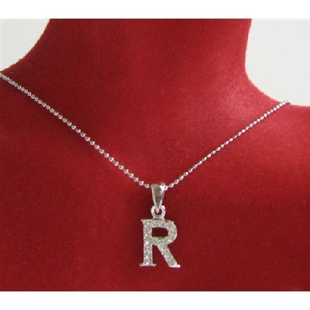 UNE229 Alphabet Pendant Necklace Letter R Fully Embedded w/ Cubic Zircon Pendant Necklace