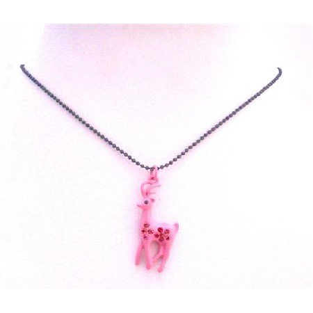 UNE200Pink Reindeer Pendant Enamel w/ Flower Work On Pendant Black Beaded Choker Necklace