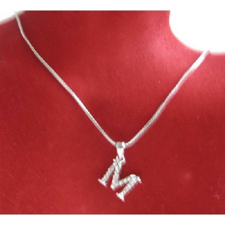 UNE228 Alphabet Pendant Necklace Letter M Fully Embedded w/ Cubic Zircon Pendant Necklace