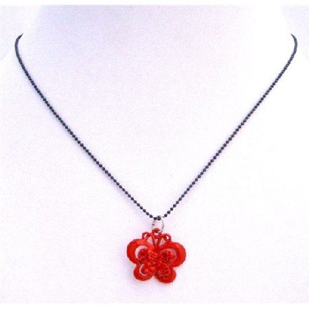 UNE211 Sparkling Red Butterfly Pendant Black Beaded Choker Necklace Butterfly Pendant