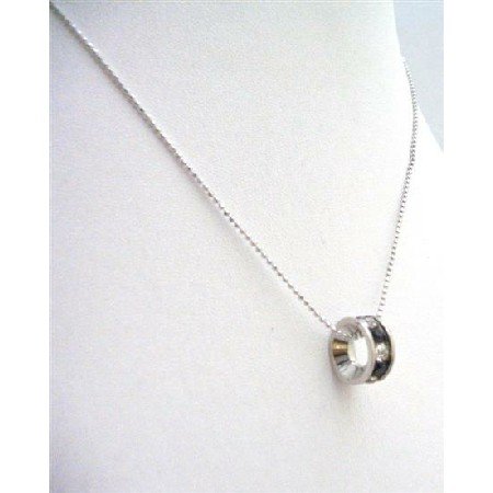 UNE215 Black Ring Pendant Necklace Embedded w/ Cubic Zircon Necklace