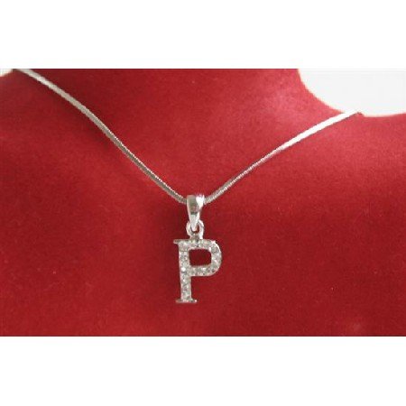 UNE230 Alphabet Pendant Necklace Letter P Fully Embedded w/ Cubic Zircon Pendant Necklace