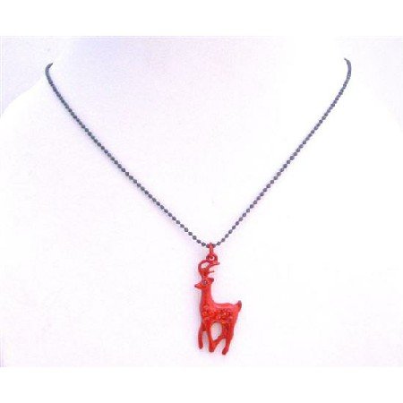 UNE203 Red Reindeer Pendant Black Beaded Choker Necklace w/ Sparkling Red Cubic zircon Pendant