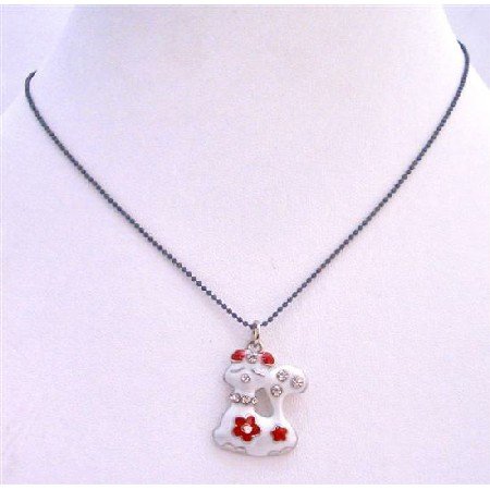 UNE207 Black Beaded Choker Necklace White Enamel Kitty Pendant w/ Red Bow On Her Head