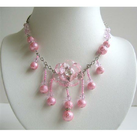 UNE050 Pink Acrylic Beads Necklace Flower Pendant w/ Dangling