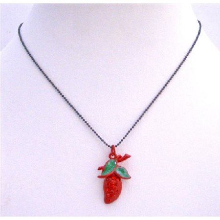 UNE208 Strawberry Red Pendant w/ Green Leaves Necklace