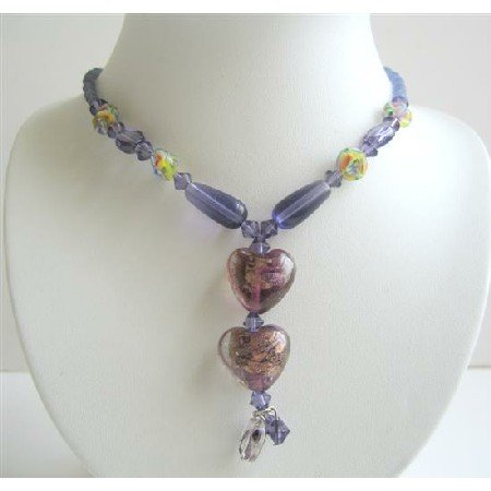 UNE005 Purple Beaded Neckalce Simulated Crystals Millefiori & Cat Eye Beads Necklace