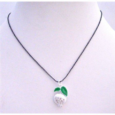 UNE201 White Enamel Apple Pendant Black Beaded Choker Necklace w/ CZ Embedded Pendant