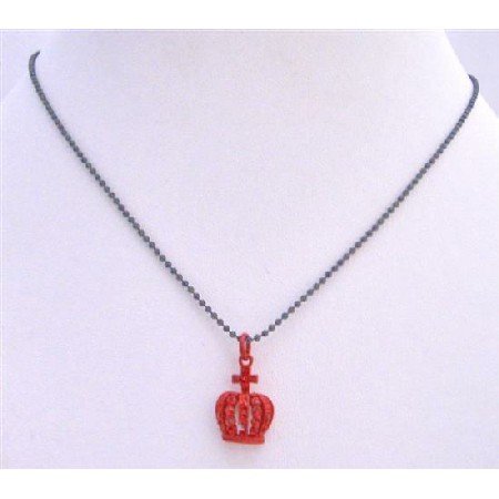 UNE210 Crown Pendant Necklace Shimmering Red Crown w/ Red CZ Pendant Neckalce
