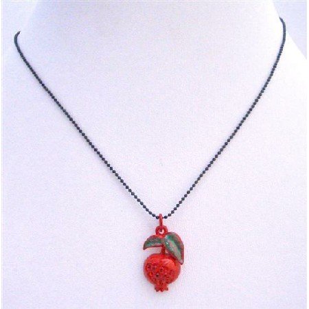 UNE209 Red Apple Pendant Black Beaded Necklace