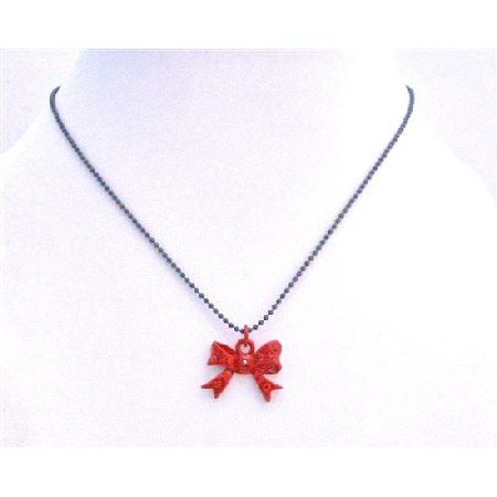 UNE212 Bow Pendant Choker Necklace Red Bow w/ Red Cz Pendant Necklace
