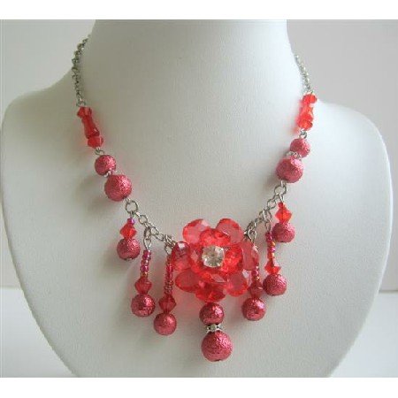 UNE008 Red Beaded Choker w/ Acrylic Bead & Dangling Beads Necklace