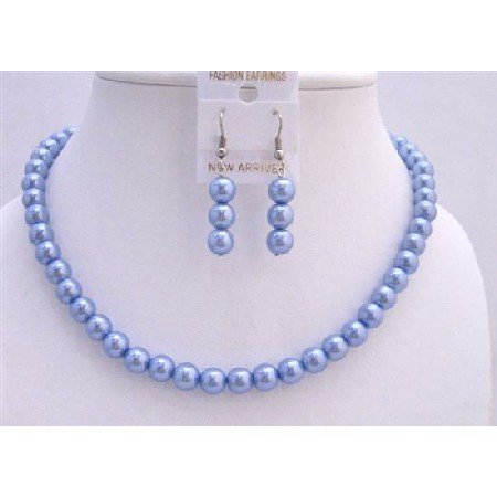 UNS008 Necklace Set Synthetic Pearls 16 Inches Necklace Light Cool Blue Pearls Jewelry Set