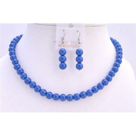 UNS003 Dark Blue Synthetic Pearls Jewerly Cool Necklace Set w/ Pearls Earrings