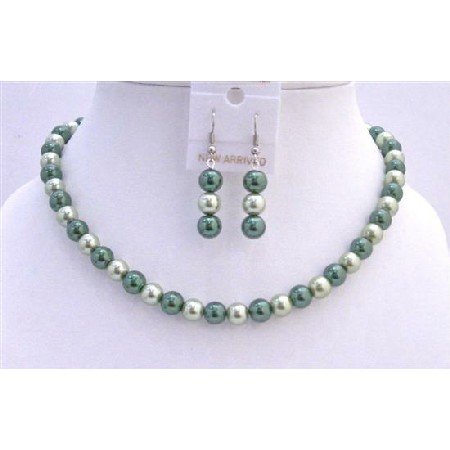 UNS005 Synthetic Pearls Jewelry Green Light & Dark Pearls Necklace Set