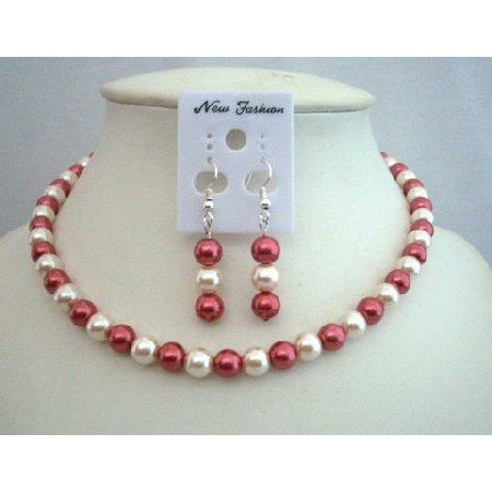 UNS010 Red & Cream Synthetic Pearls Jewelry Necklace Set Synthetic Pearls w/ Dangling Earrings