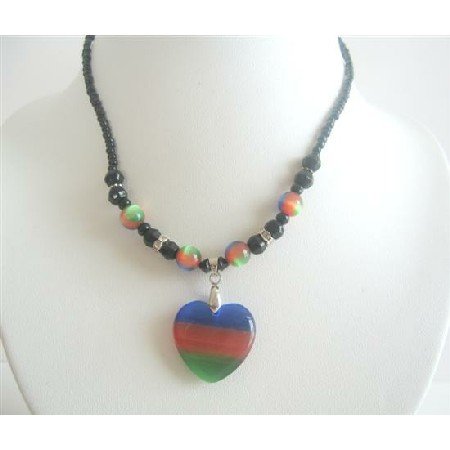 UNE121 Heart Pendant Choker Colorful Tri Cat Eye Heart Pendant Necklace Choker