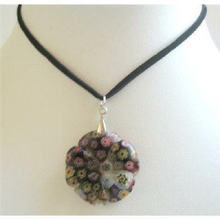 U144 Black Velvet Chord Necklace w/ Simulated Millifiori Flower Pendant