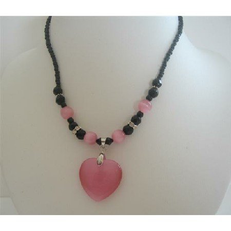 UNE129 Cat Eye Pink Heart Pendant Necklace Black Beaded Choker Necklace