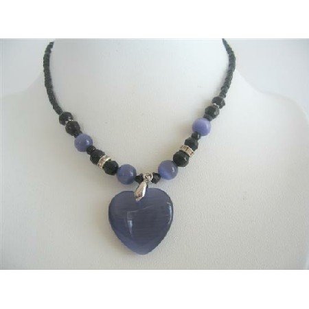 UNE143 Amethyst Heart Pendant Necklace Cat Eye Heart Pendant Black Beaded Choker Necklace