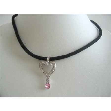UNE117 Key Bling Bling Pendant Choaker Black Velvet Chord Necklace