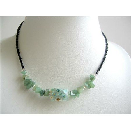 UNE073 Jewelry Green Nugget & Stone Chip Necklace Simulated Millefiori Choker