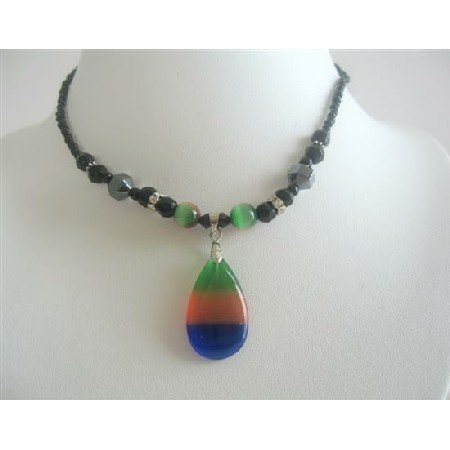 UNE116 Colorful Teardrop Pendant Choker Tri Color Cat Eye Pendant Necklace Choker