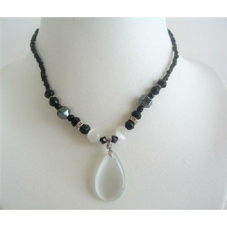 UNE138 Opal White Cat Eye Teardrop Pendant Necklace Black Beaded Choker Necklace