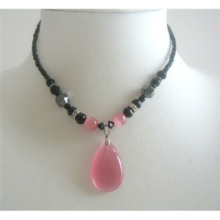 UNE118 Pink Cat Eye Teardrop Pendant Necklace Black Beaded Choker Necklace