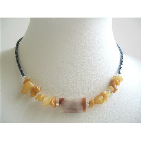 UNE079 Simulated Millefiori Bead & Carnelian Nugget Chip Necklace Black Beaded Necklace