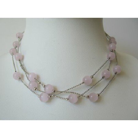 UNE092 Multi Strands Pink Faceted Beads Necklace Glass Beads Choker