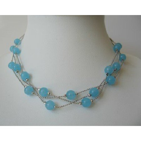 UNE093 Blue Faceted Beads Multi strands Choker Glass Beads Necklace