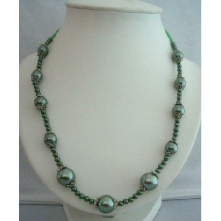 UNE028 Green Simulated Pearls Long Necklace 20 w/ Bali Metal