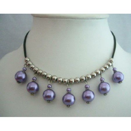 UNE027 Purple Cultured Pearls Choker w/ Silver Beads Necklace