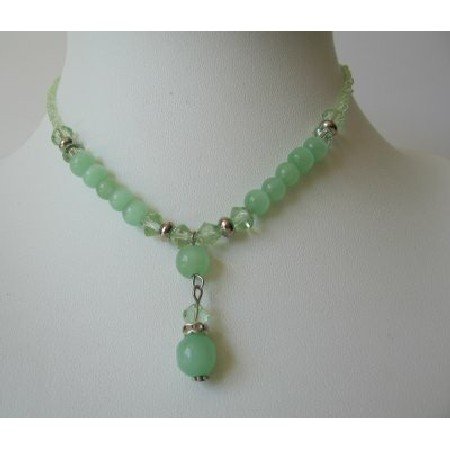 UNE087Crystals Bead Necklace w/ Green Beads & Simulated Erinite Crystals Choker & Drop Down