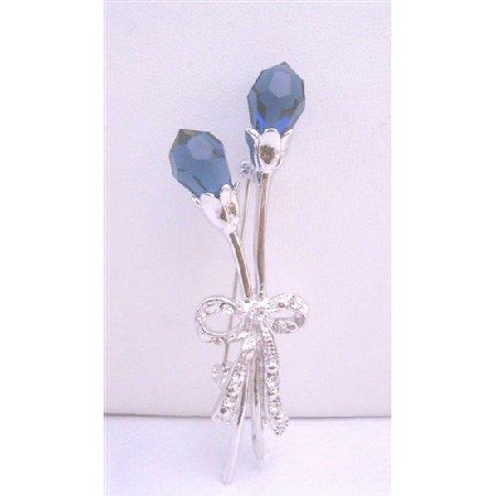 B049 Sapphire Tulip Brooch w/ Silver Tone Sapphire Tulip Brooch Pin