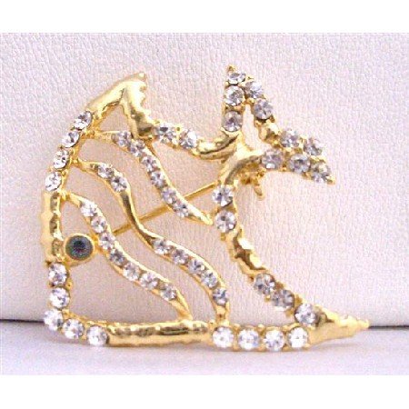 B202 Gold Brooch Gold Fish Brooch Spread & Artistically Decorated w/ Cubic Zircon
